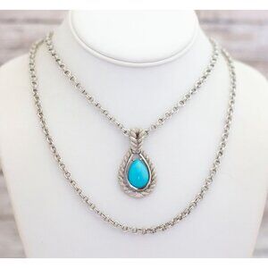 18 inch, Vintage Blue Teardrop Silver Tone Multi Strand Necklace by Avon - BP1